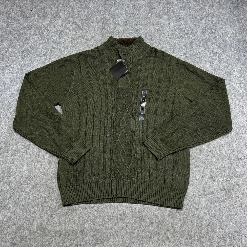 Tricots St Raphael Sweater Mens 2XL Green Cable Knit Mock Neck Button Pullover